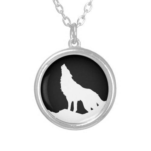 Unique Black  White Pop Art Wolf Silhouette Silver Plated Necklace