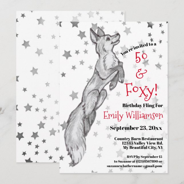 Unique Black White Red Fox Star Foxy 50th Birthday Invitation (Front/Back)