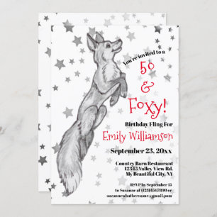 Unique Black White Red Fox Star Foxy 50th Birthday Invitation