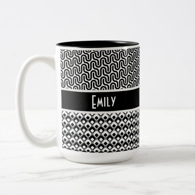 Unique Black & White Retro Pattern Personalized Two-Tone Coffee Mug (Left)