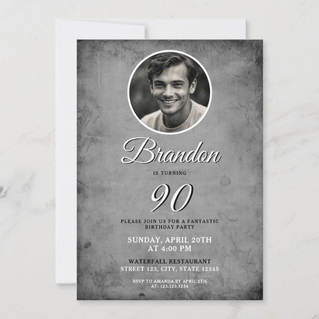 Unique Black & White Vintage Photo 90th Birthday Invitation (Front)
