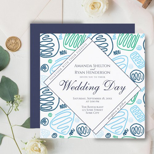 Unique Blue Abstract One Line Art Wedding  Invitation