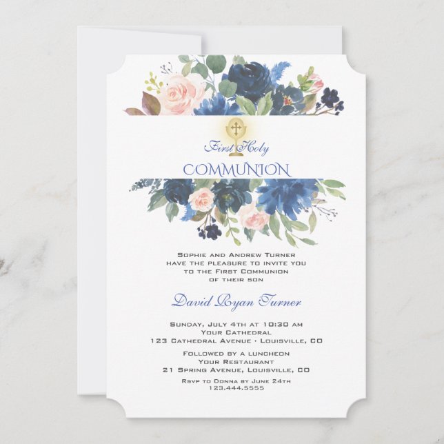 Unique Blue Blush Floral Gold Cross Holy Communion Invitation (Front)