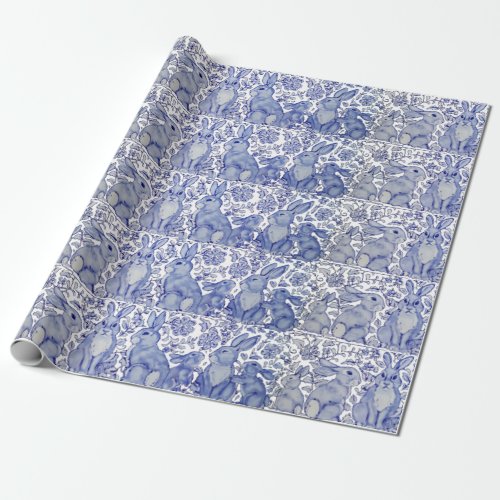Unique Blue Bunny Rabbit Floral Animal Pattern Wrapping Paper