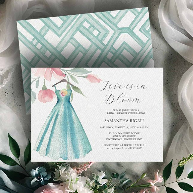 Unique Blue Dress Bridal Shower Invitations (unique bridal shower invitation online designed with a blue watercolor dress)