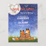 Unique Blue Fox Moon Stars Save the Date Wedding Announcement Postcard<br><div class="desc">My popular romantic painting of two snuggling red foxes under a heart-embellished moon! A pretty starry blue background adds to the romance. Announce your wedding date in style - perfect for fox lovers or animal lovers. All of the text can easily be personalized using the text templates and customize menu....</div>