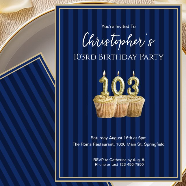 Unique Blue Gold 103rd Birthday Invitation For Him (Creator Uploaded)