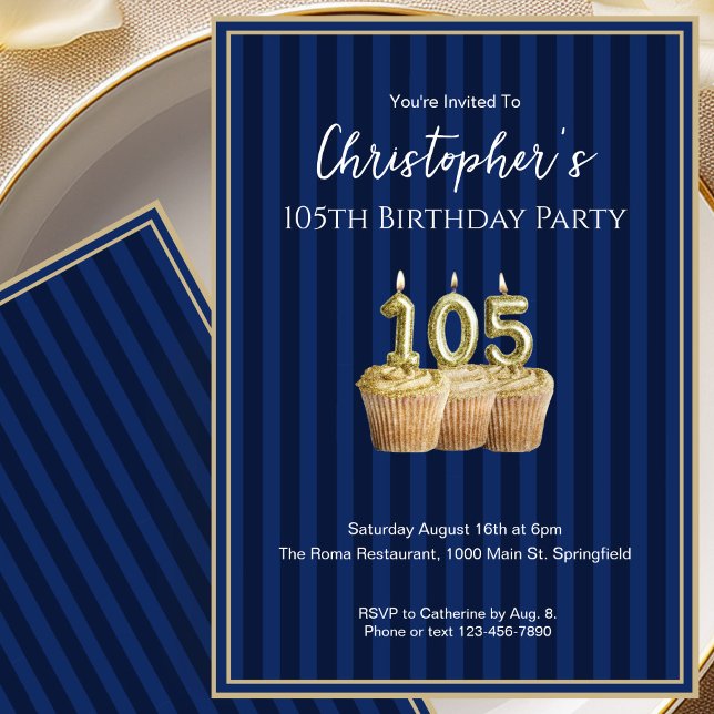 Unique Blue Gold 105th Birthday Invitation For Him (Creator Uploaded)