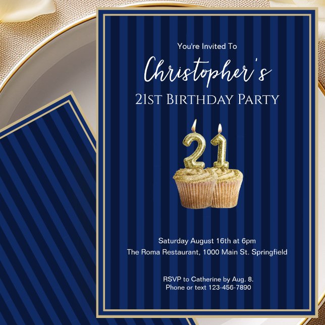 Unique Blue Gold 21st Birthday Invitation For Him (Creator Uploaded)