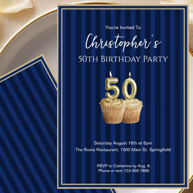 Unique Blue Gold 50th Birthday Invitation For Him (Creator Uploaded)