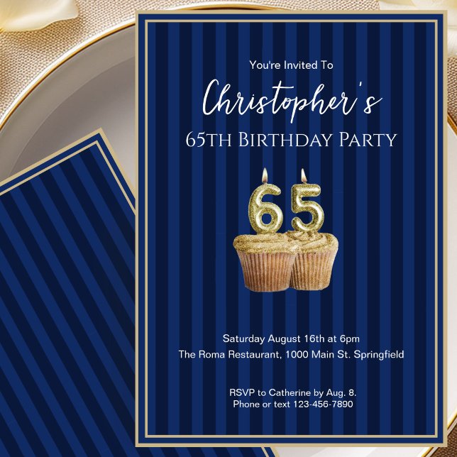 Unique Blue Gold 65th Birthday Invitation For Him (Creator Uploaded)