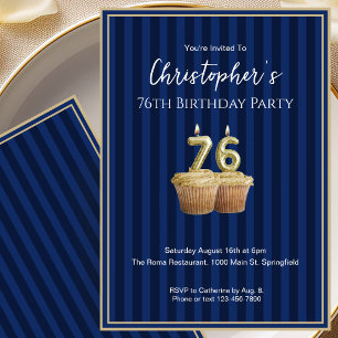 Unique Blue Gold 76th Birthday Invitation For Him