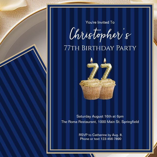 Unique Blue Gold 77th Birthday Invitation For Him (Creator Uploaded)