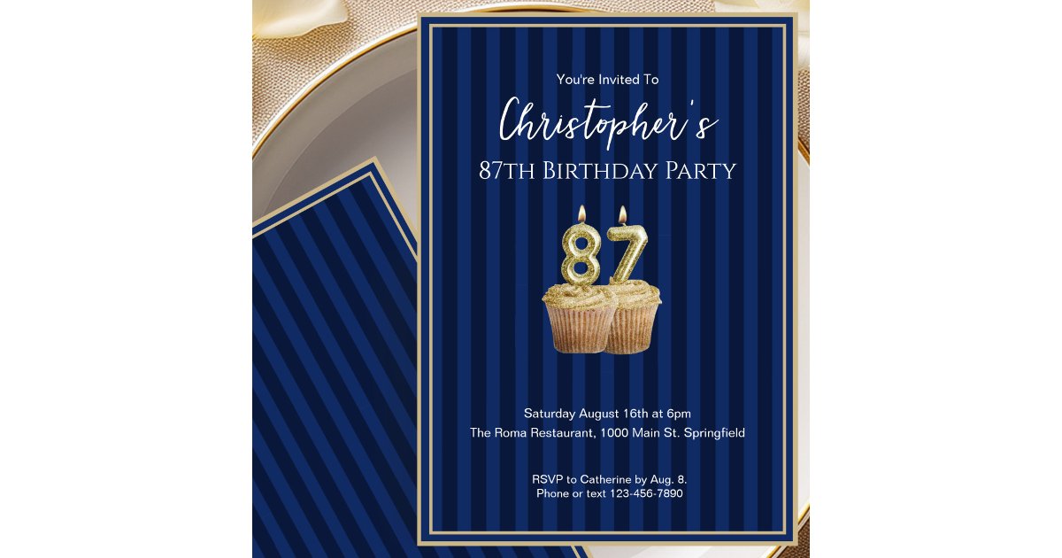 Unique Blue Gold 87th Birthday Invitation For Him | Zazzle
