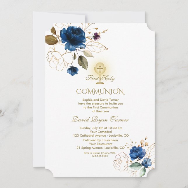 Unique Blue Gold Flowers First Holy Communion Invitation (Front)