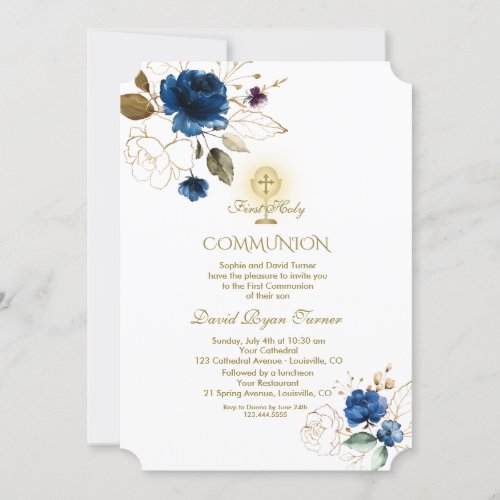 Unique Blue Gold Flowers First Holy Communion Invitation