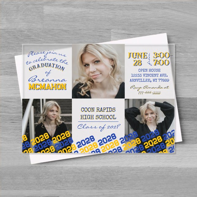Unique Blue & Gold Graduation 3 Photo Frosted  Acrylic Invitations (Unique Gold Yellow and Blue 3 Photo Graduation Invitation)