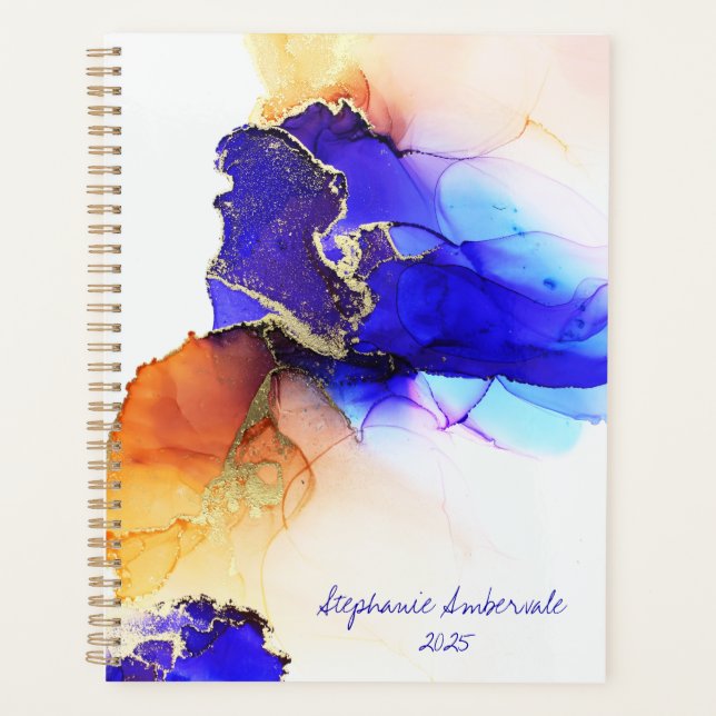 Unique Blue Gold Orange Abstract Custom Planner (Front)