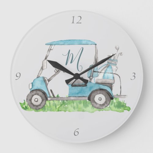 Unique Blue Golf Cart Monogram Watercolor Large Clock