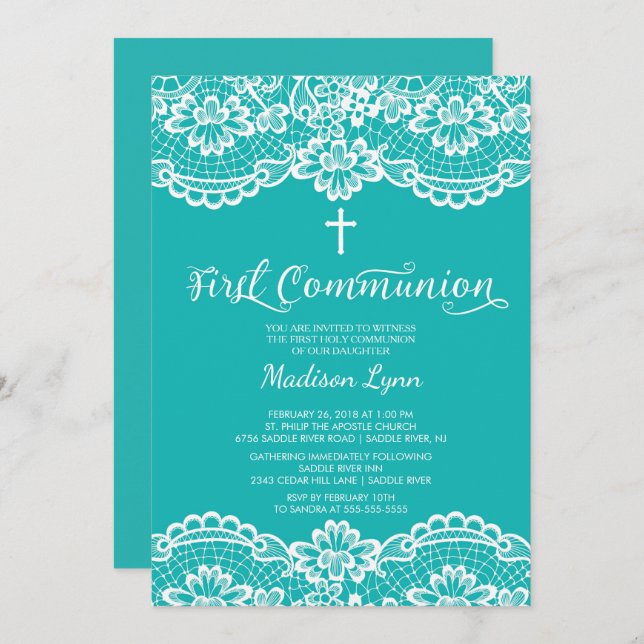 Unique Blue Lace First Holy Communion Invitation (Front/Back)