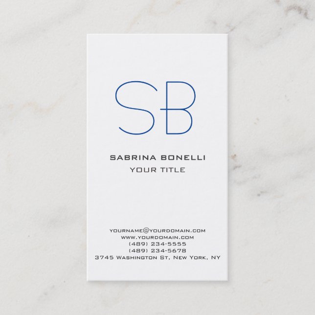 Unique Blue Monogram White Cute Business Card (Front)