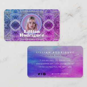 Unique Blue Pink and Violet Ornamental Photo Business Card
