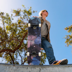 Unique blue pink black abstract art skateboard