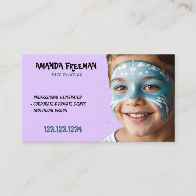 Unique Blue & Purple Children Face Painting Business Card (Front)