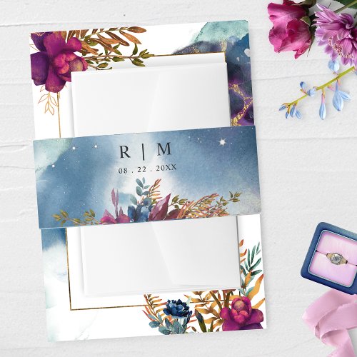 Unique Blue Teal Purple Celestial Watercolor Invitation Belly Band