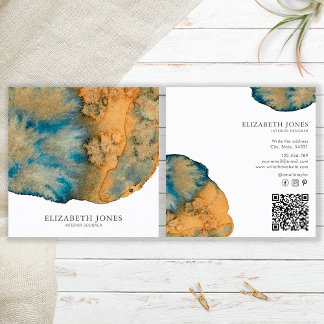 Unique Blue Terracotta Abstract Watercolor QR Code Square Business Card