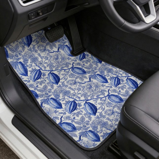Unique Blue Toile Cocoa Chic Botanical Pattern Car Floor Mat (Creator Uploaded)