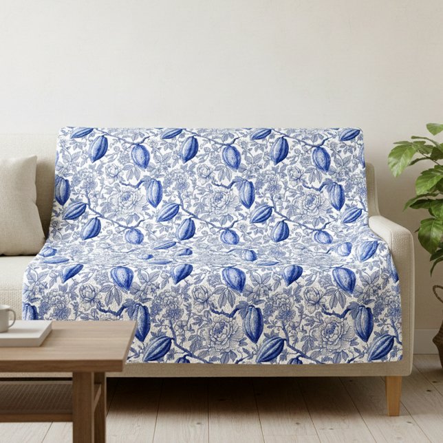 Unique Blue Toile Cocoa Chic Botanical Pattern Fleece Blanket (Creator Uploaded)
