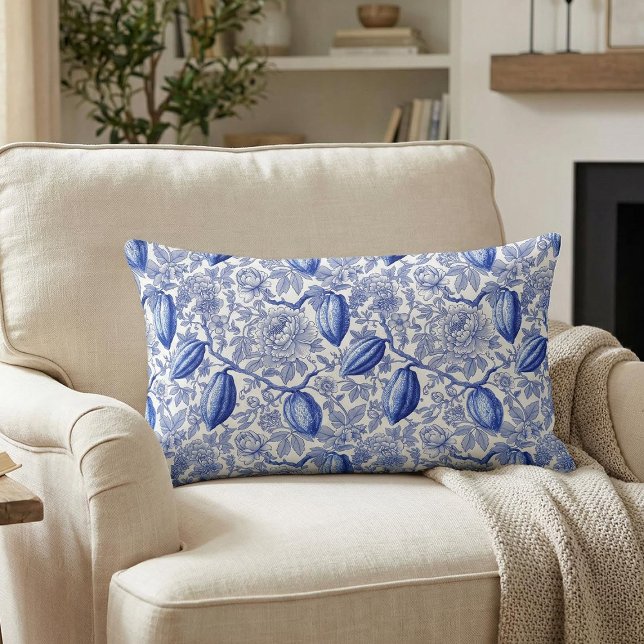 Unique Blue Toile Cocoa Chic Botanical Pattern Lumbar Pillow (Creator Uploaded)
