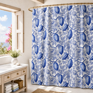 Unique Blue Toile Cocoa Chic Botanical Pattern Shower Curtain