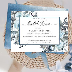 Unique Blue Watercolor, Blue Floral Bridal Shower Invitation