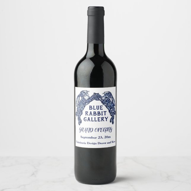 Unique Blue White Bunny Rabbit Business Celebrate Wine Label (Front)