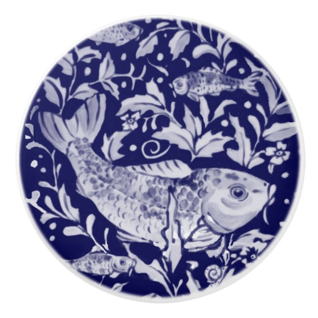 Unique Blue & White Koi Fish Stylized Pond Plant Ceramic Knob (Front)