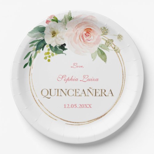 Unique Blush Cream Flowers Gold Quinceaera Paper Plates