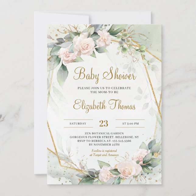 Unique Blush Pink Floral Greenery Gold Frame Baby Invitation (Front)