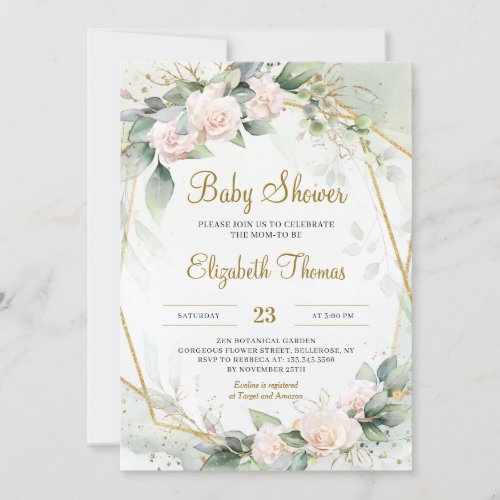 Unique Blush Pink Floral Greenery Gold Frame Baby Invitation