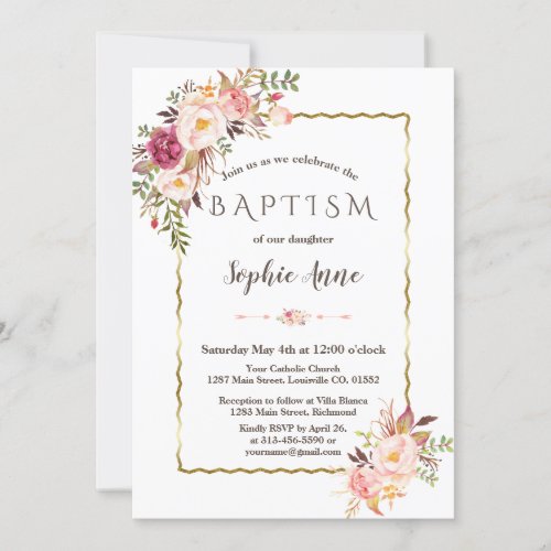 Unique Blush Pink Flowers Gold Girl Baptism Invitation