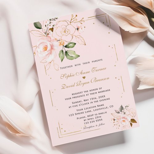 Unique Blush Pink Gold Flowers Monogram Wedding Invitation