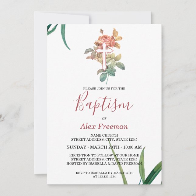 Unique Blush Pink Script Floral Girl Baptism Invitation (Front)