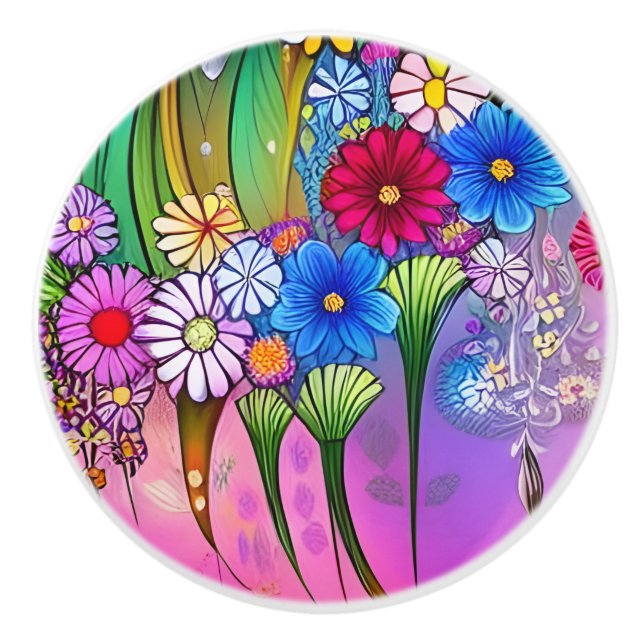 Unique Bohemian Bright Flowers Floral Art Cabinets Ceramic Knob (Front)