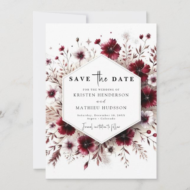 Unique Boho Burgundy Wedding Save The Date (Front)