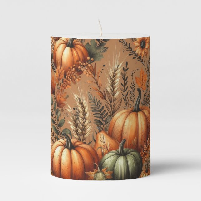 Unique Boho Watercolor Pumpkin Autumn Fall  Pillar Candle (Front)