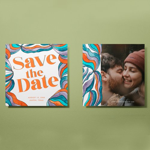 Unique Bold Boho Groovy Retro Colorful Wavy Photo Save The Date