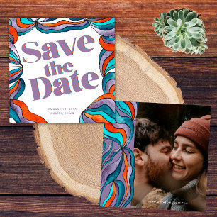 Unique Bold Boho Groovy Retro Purple Wavy Photo Save The Date