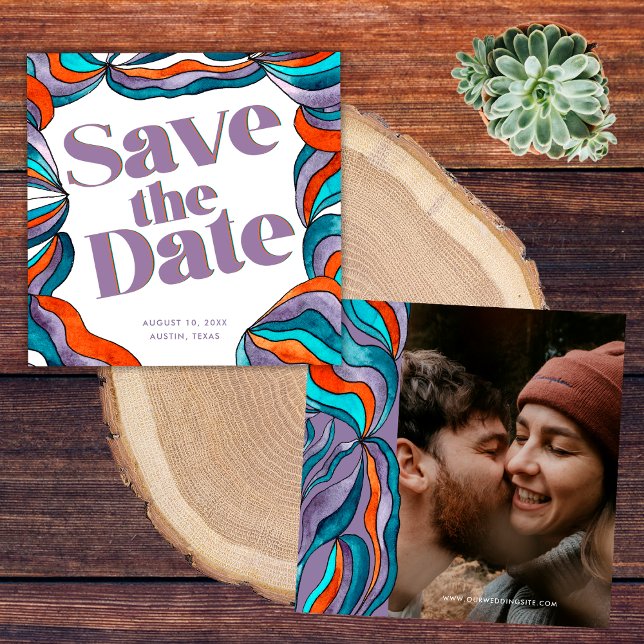 Unique Bold Boho Groovy Retro Purple Wavy Photo Save The Date (Front and Back)