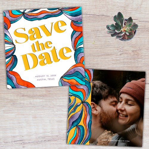 Unique Bold Boho Groovy Retro Yellow Wavy Photo Save The Date